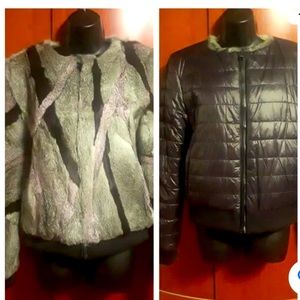 NWT Metric Knits Fur Collection Rabbit Reversible 2-in-1 Bomber Jacket  Size L